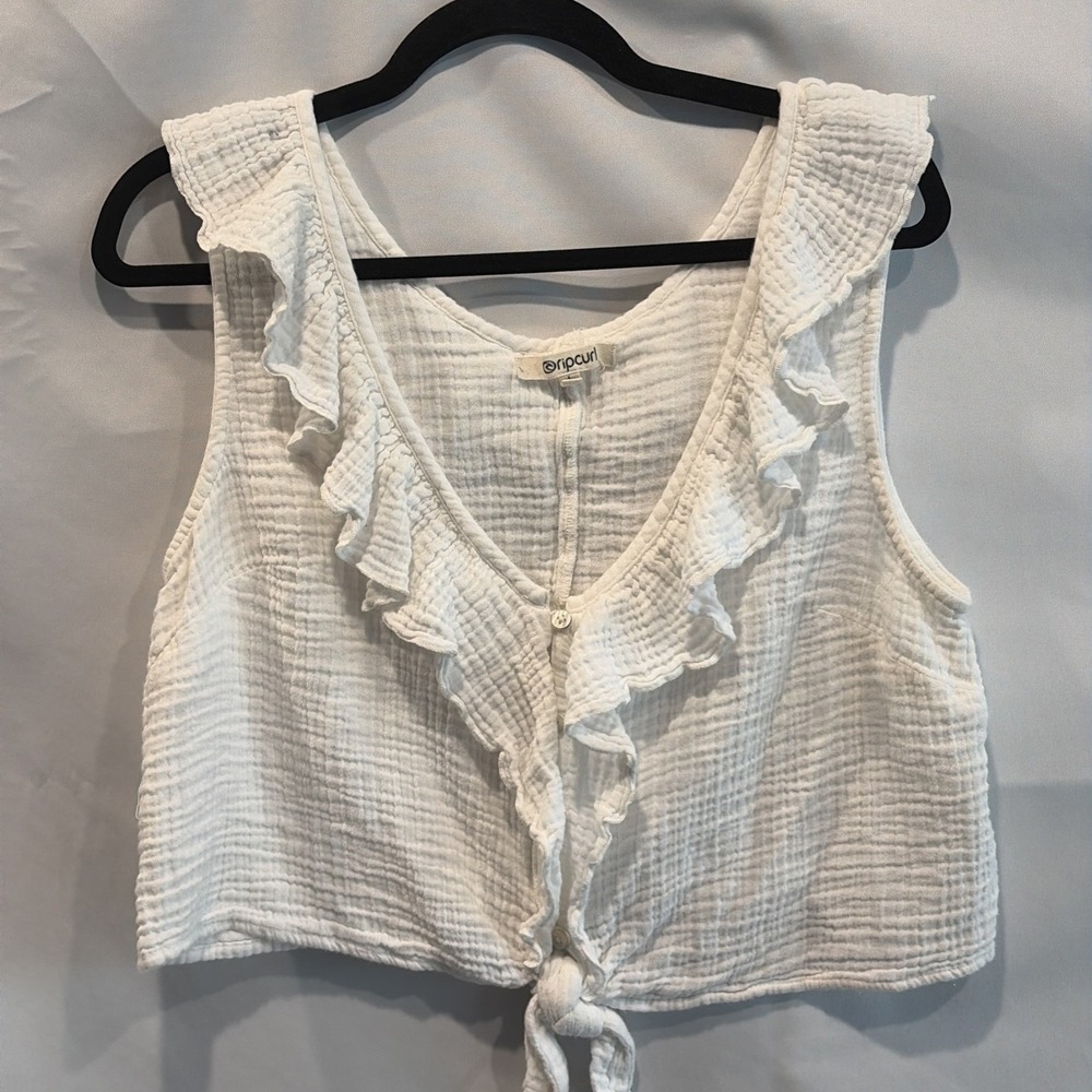 RipCurl White Cotton Gauze Tie Front Crop Sleeveless Boho Beach Top Women L